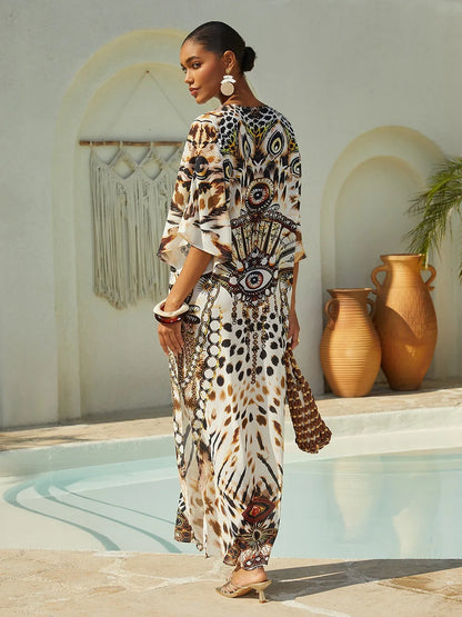 Mallorca Blossom Flowy Chiffon Dolman Sleeve Maxi Dress