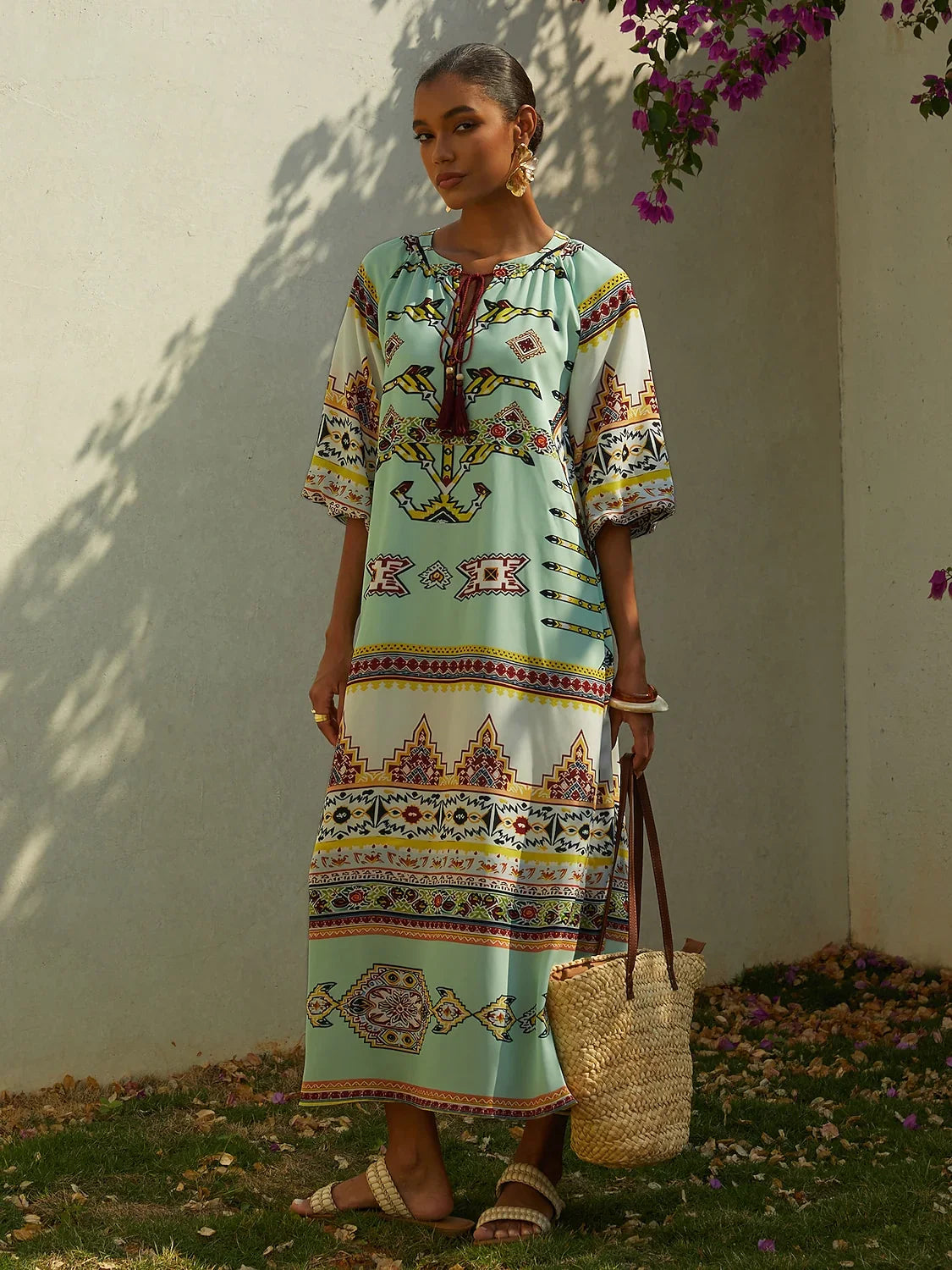 Ethnic Totem Flowy Chiffon Maxi Dress