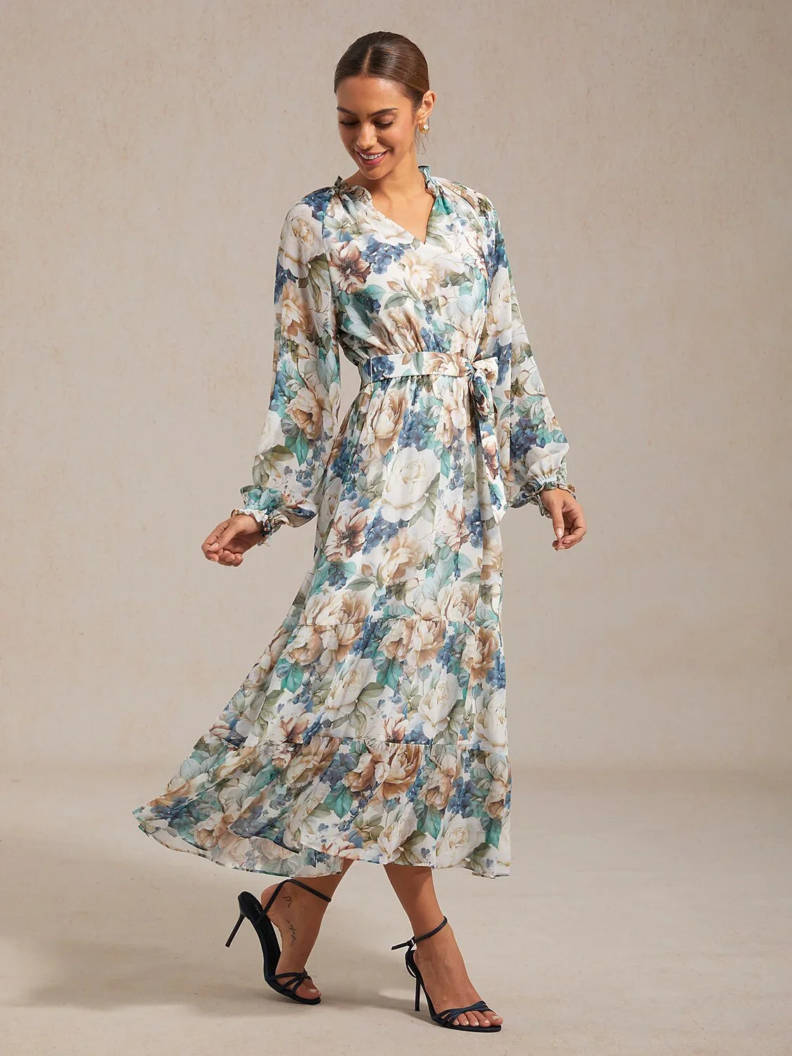 Floral Print Flowy Chiffon Vacation Maxi Dress