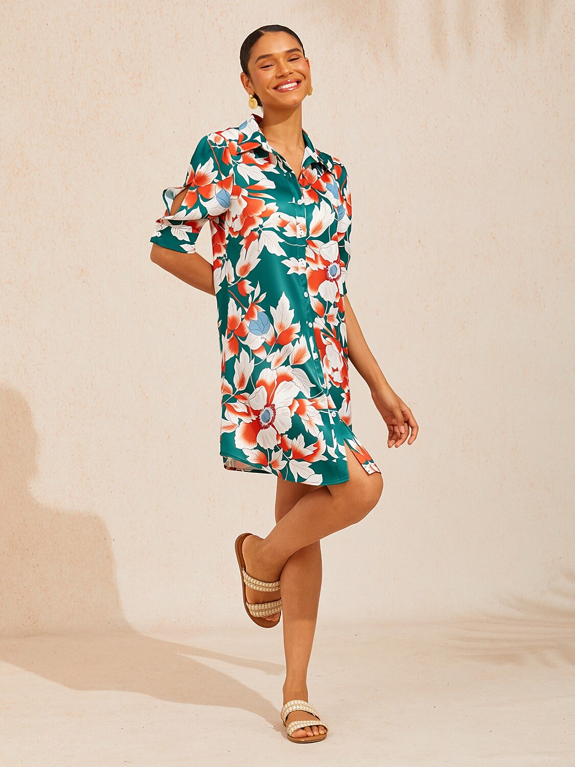 Deep Green Hibiscus Silky Satin Shirt Dress – ADOR