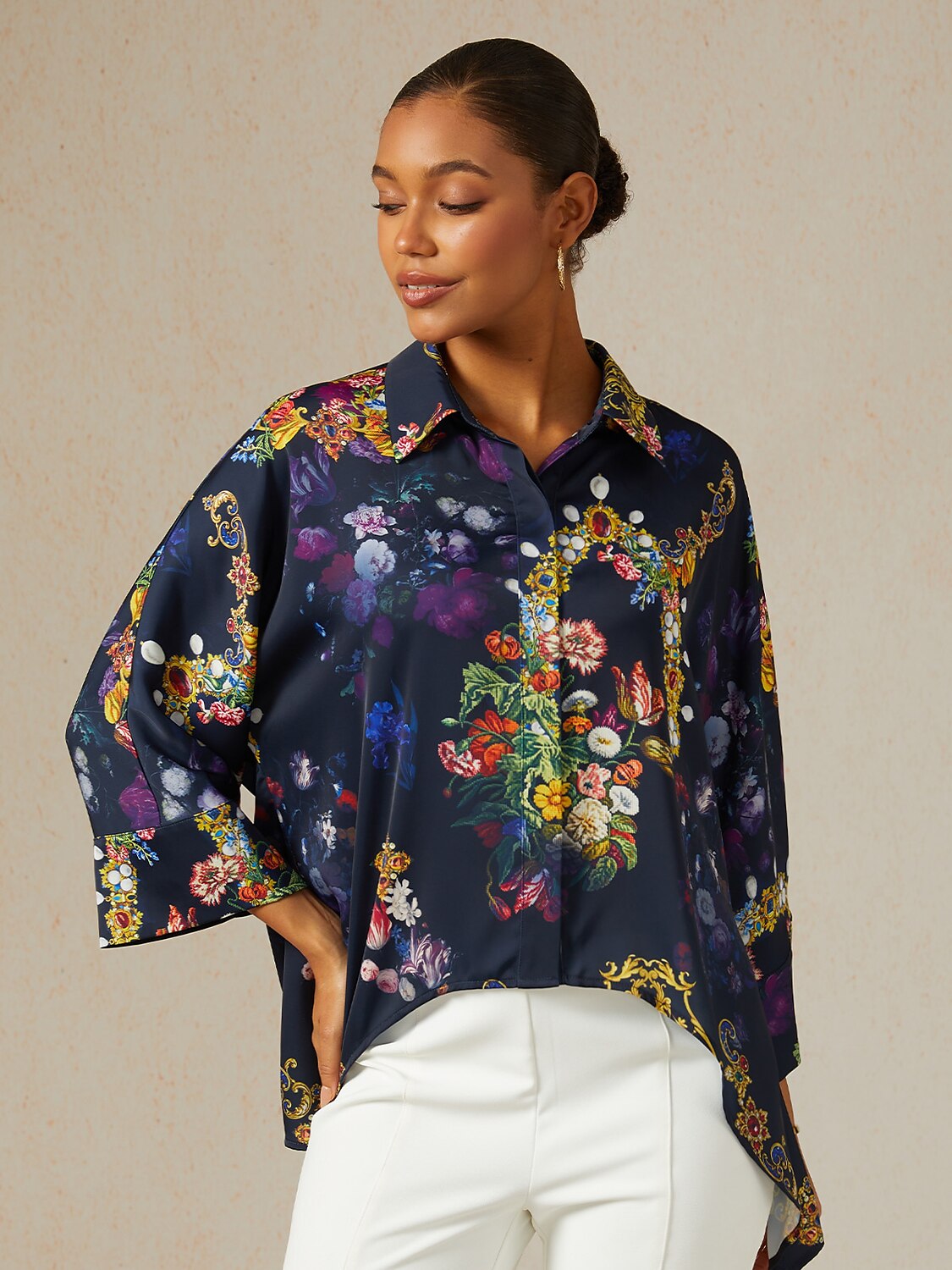 Midnight Jewel Bloom Silky Satin Oversized Shirt