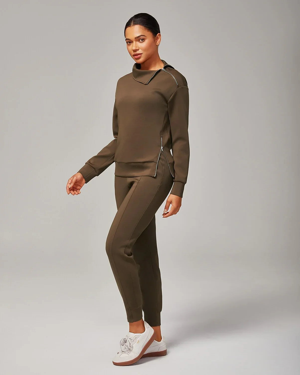 Brown Elastic Waist Stretch Knit Pants