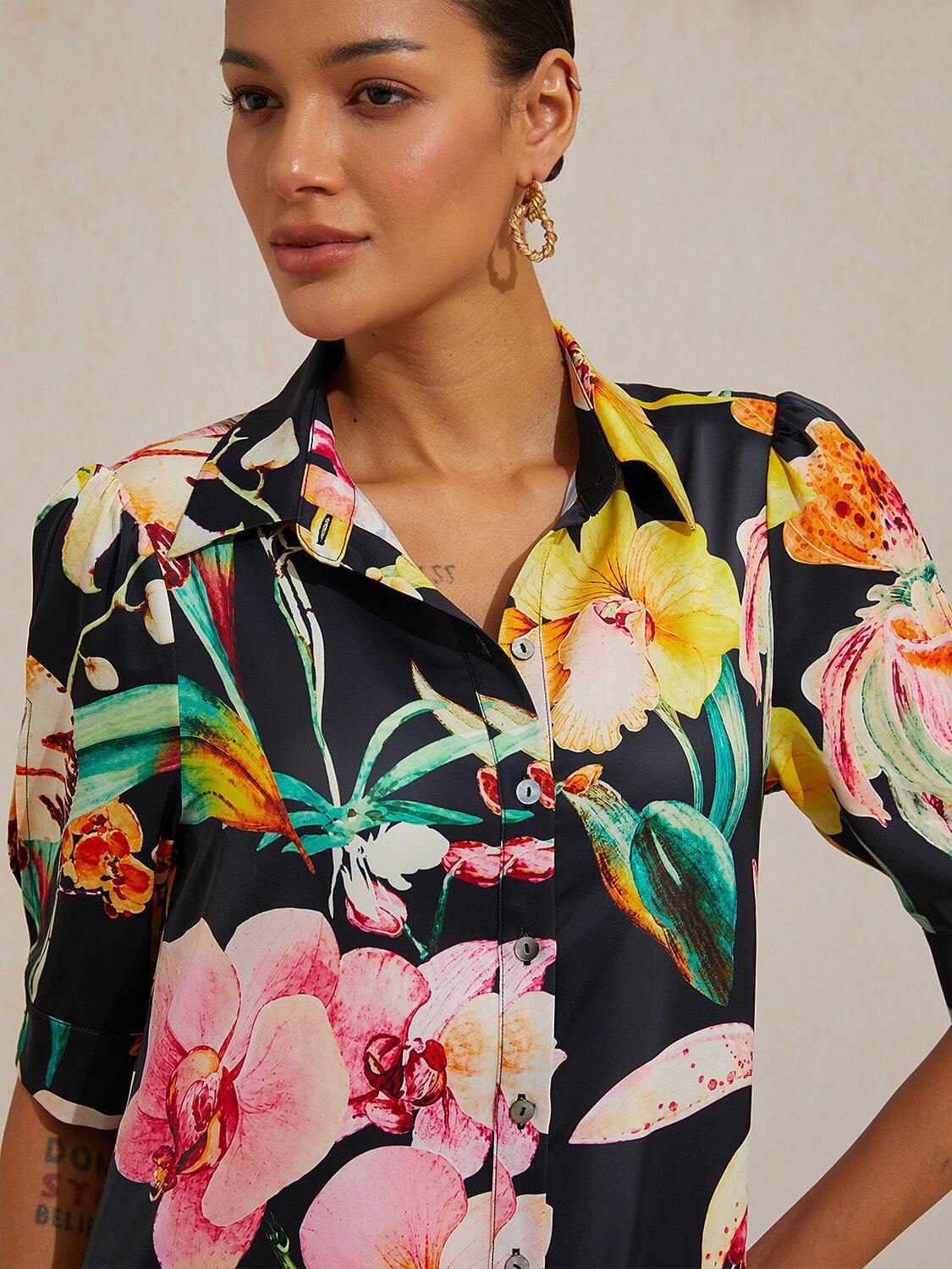 Midnight Floral Carnival Silky Satin Shirt Dress