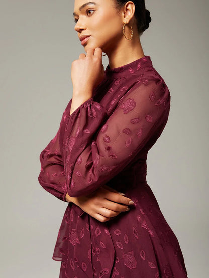 Elegant Floral Print High-Neck Maxi Chiffon Dress