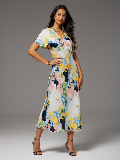 Red Floral Print Silky Satin Maxi Dress