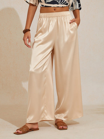 Silky Satin Blue Elastic Waist Wide Leg Pants
