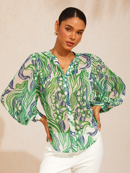 Abstract Bell Flower Flowy Chiffon Top