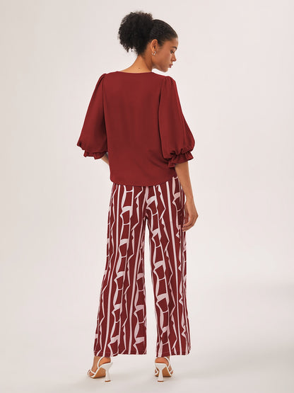 Ruched Waist Blue Printed Straight-Leg Pants