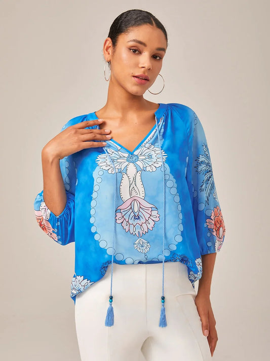 Vacation-Style Placement Print Pullover Chiffon Top