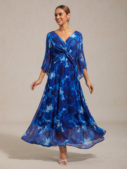 Chiffon Green Abstract Floral Print Twist Knot Maxi Dress