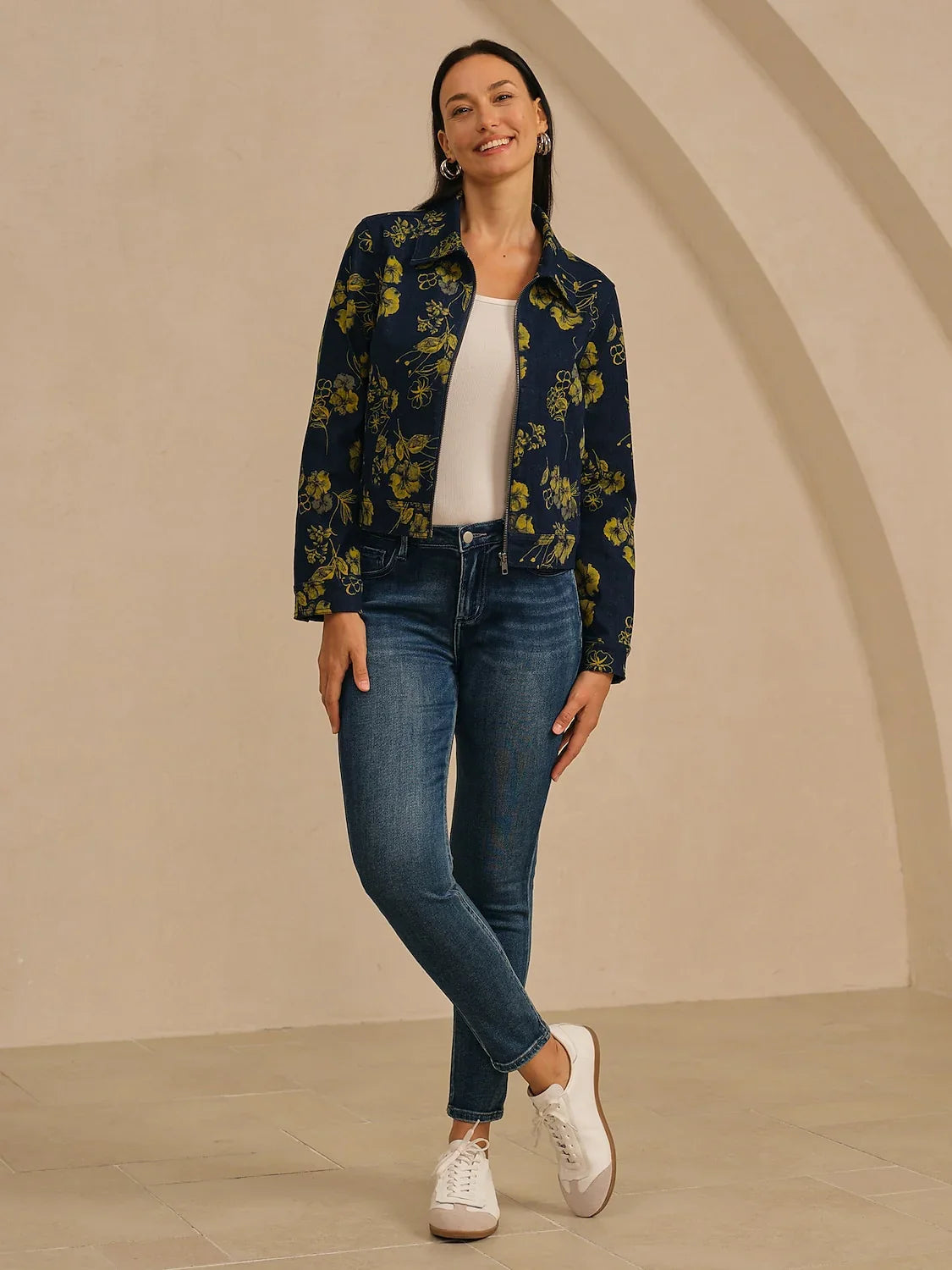 Denim Yellow Floral Pattern Turn Down Collar Jacket