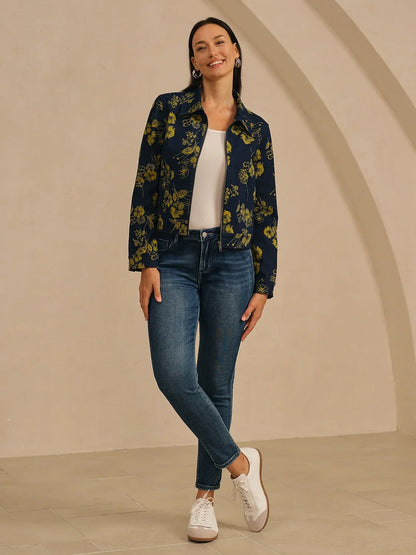 Denim Yellow Floral Pattern Turn Down Collar Jacket