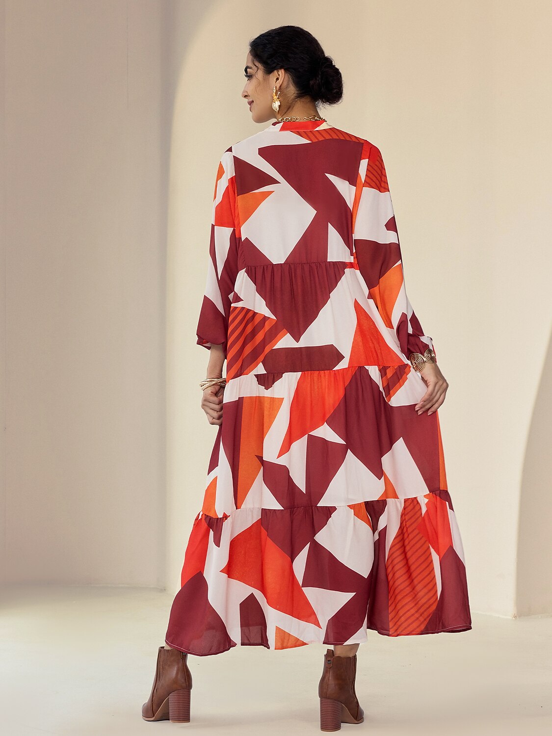 Chiffon Geometric Pattern V-Neck Casual Daily Maxi Dress