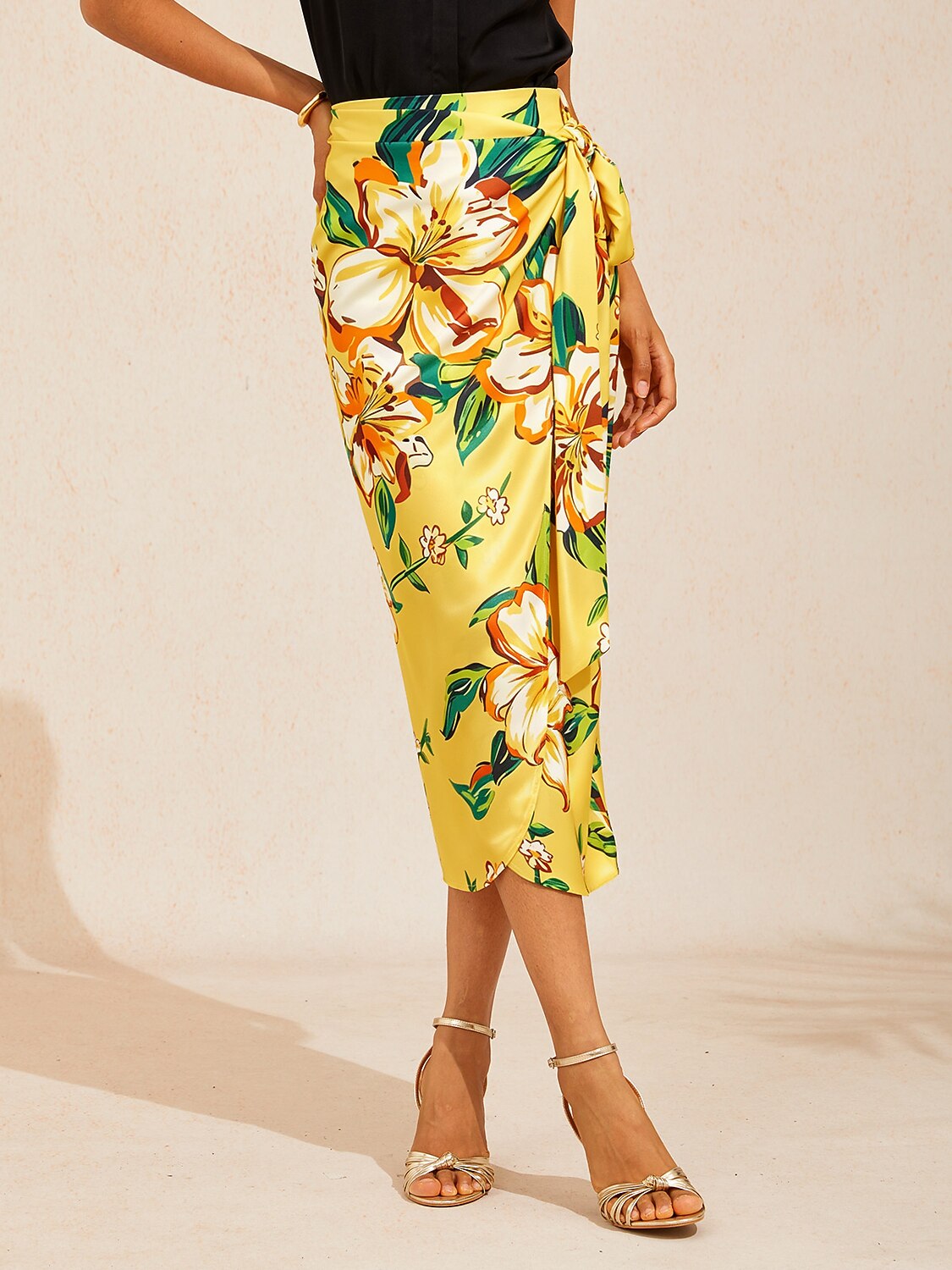 Lime Magnolia Glow Silky Satin Wrap Skirt