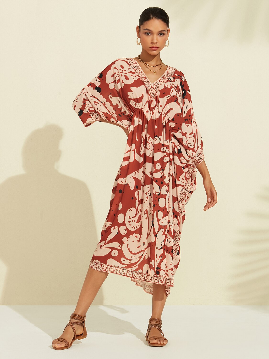 Boho Paisley Print Midi V-Neck Chiffon Kaftan