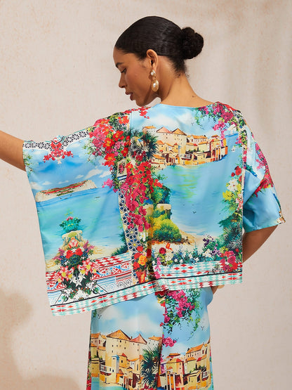 Boho-Paisley-Oberteil aus seidigem Satin mit Dolman-Ärmeln