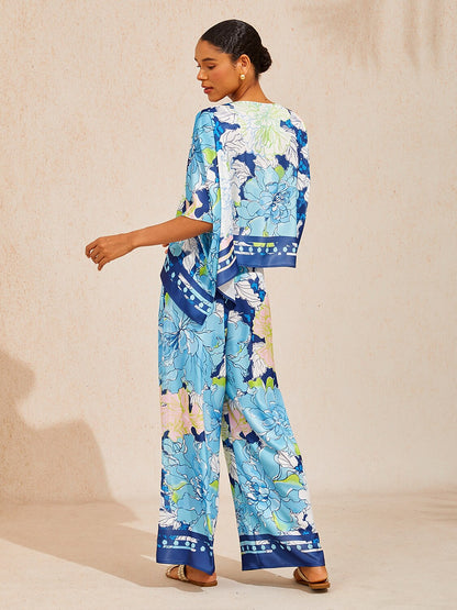 Pastel Wash Peony Silky Satin Wide Leg Pants
