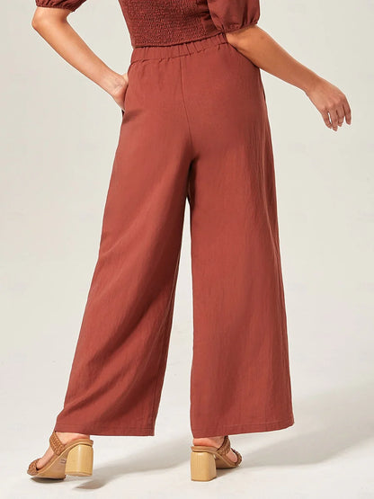 Pantaloni lunghi larghi tinta unita in popeline misto Lyocell