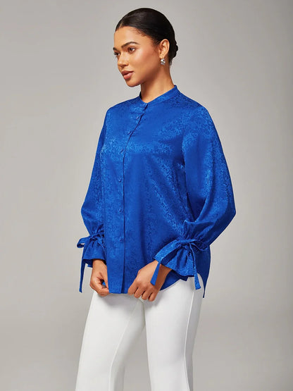 Royal Blue Stand Collar Satin Shirt
