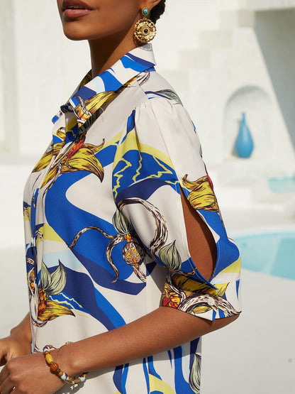 Ocean Blue Orchid Silky Satin Floral Shirt Dress
