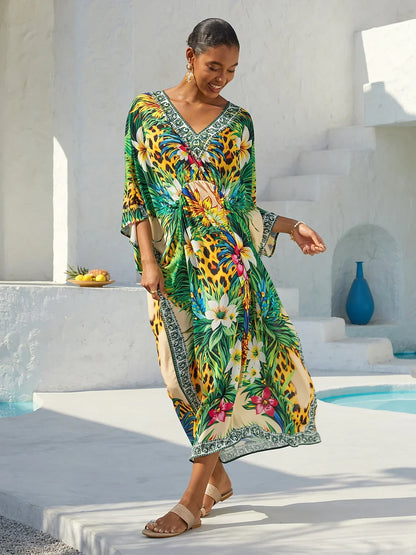 Tropical Temptation Flowy Chiffon Lepord Kaftan