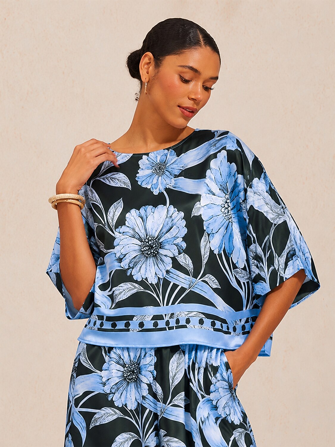 Glacier Blue Petal Silky Satin Dolman Sleeve Top