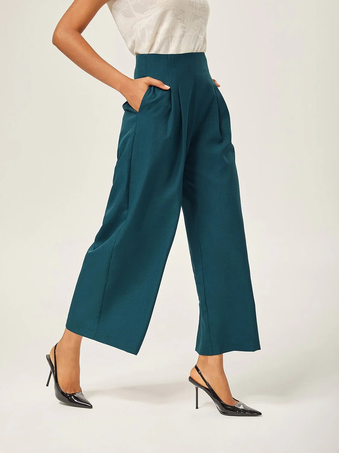 Lake Green Wool-Blend Slim Straight Pants