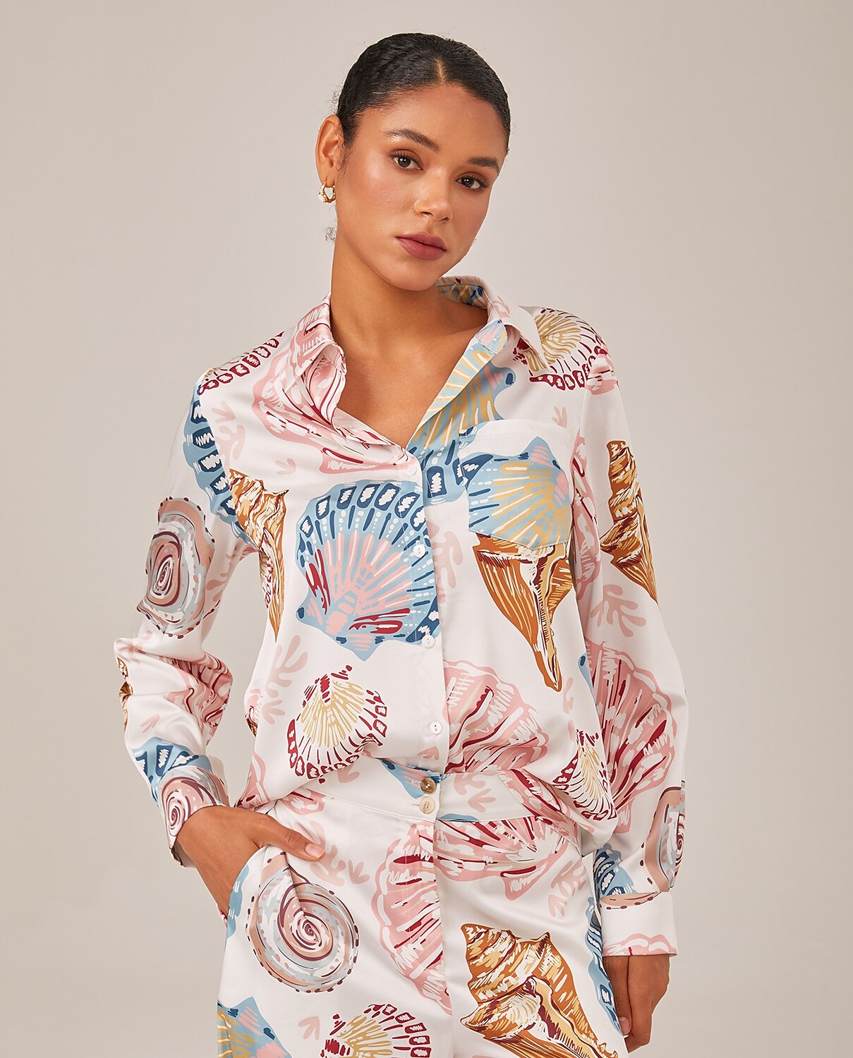 Camisa de Manga Larga Holgada con Botones Estampada Shell