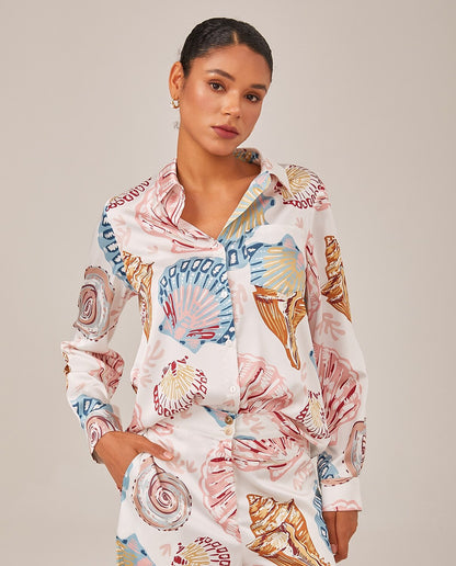 Camisa de Manga Larga Holgada con Botones Estampada Shell