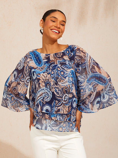 Ocean Paisley Flora Chiffon Layered Blouse