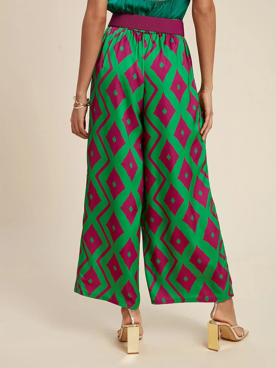 Satin Pocket Geometric Print Micro-elastic Straight Pants