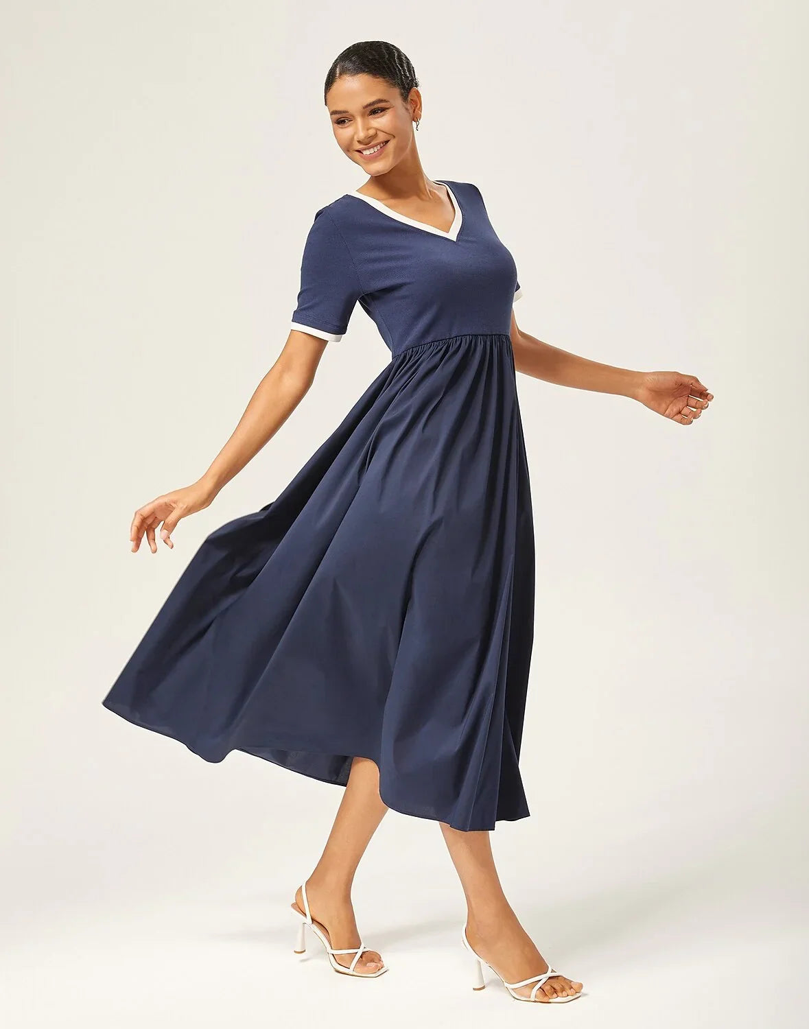 Navy Blue Cotton Knit-Woven Panel Dress