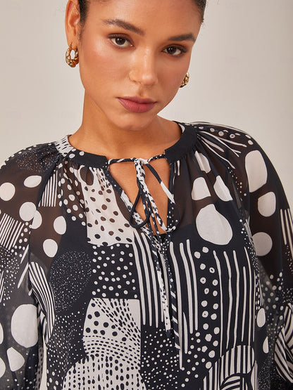 Abstract Print Puff Sleeve V-Neck Chiffon Blouse