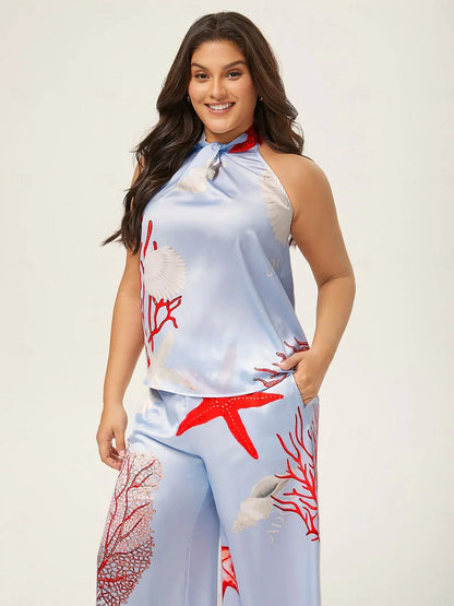 Satin Ocean-Inspired Pattern Print Vacation-Style Set