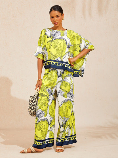 Citrus Palm Luxe Silky Satin Wide Leg Pants