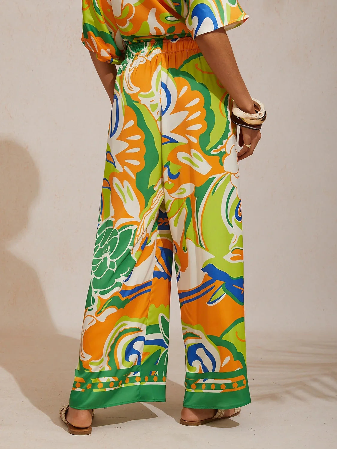 Summer Night Palm Silky Satin Wide Leg Pants