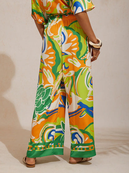 Summer Night Palm Silky Satin Wide Leg Pants