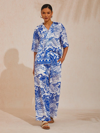 St Barth Blooms Airy Linen Look Blue Blouse