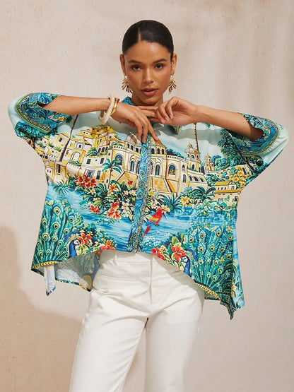 Vintage Leopard Jewelry Silky Satin Dolman Sleeve Shirt