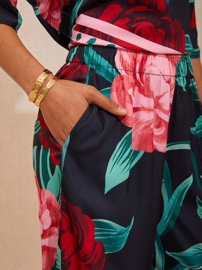Summer Night Palm Silky Satin Wide Leg Pants