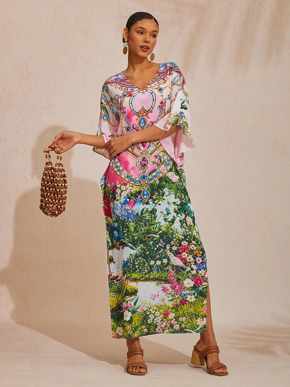 Pink Jungle Party Flowy Chiffon Diamond Maxi Dress