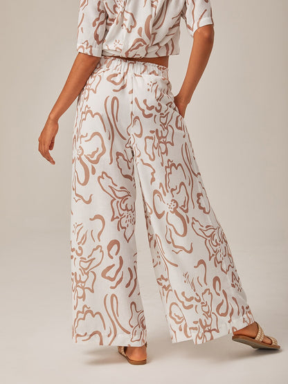 Artistic Print Elastic Linen-Like Wide-Leg Pants