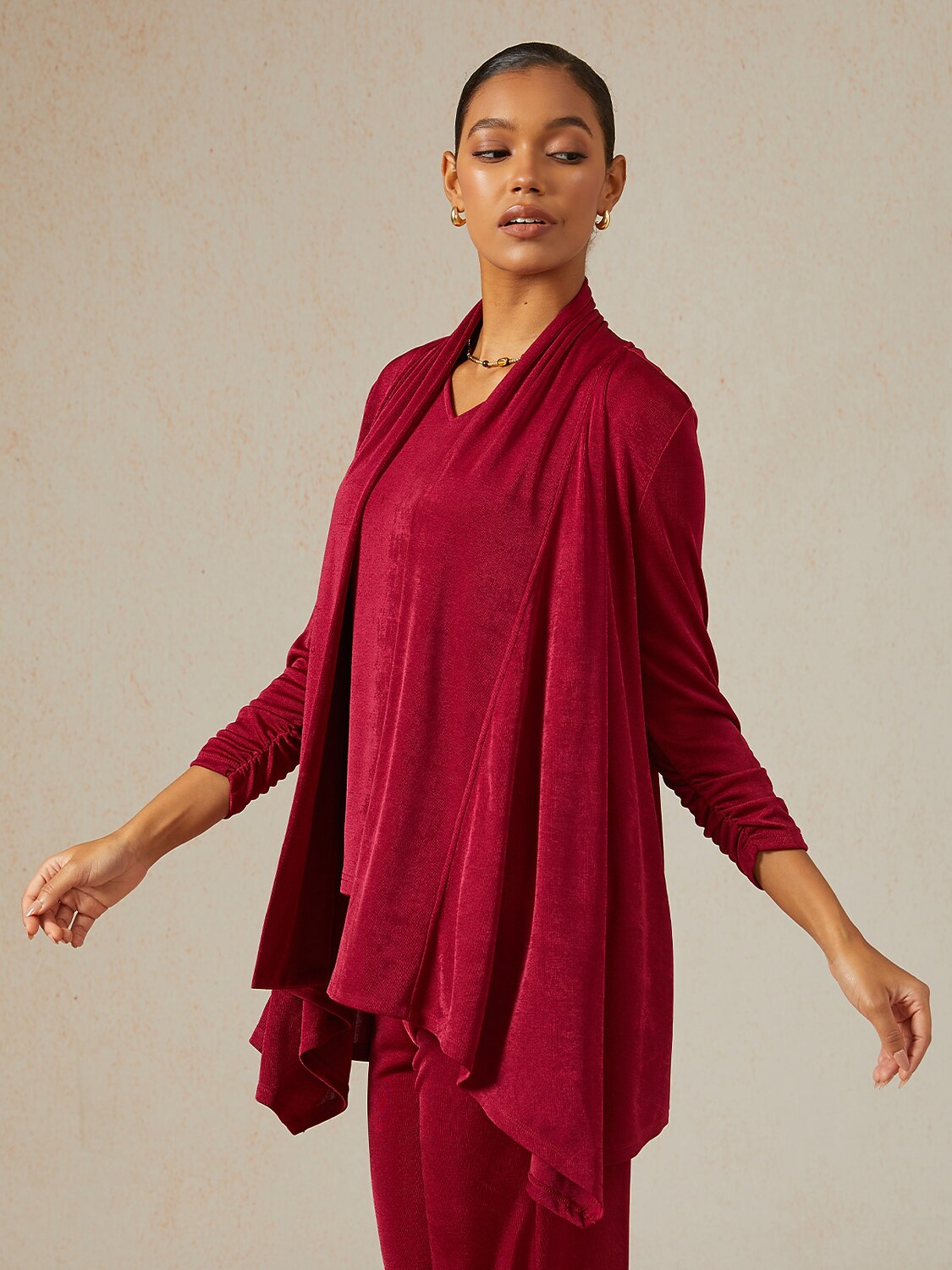 Acetate Look Stretch Knit Ruched Sleeve Jacket