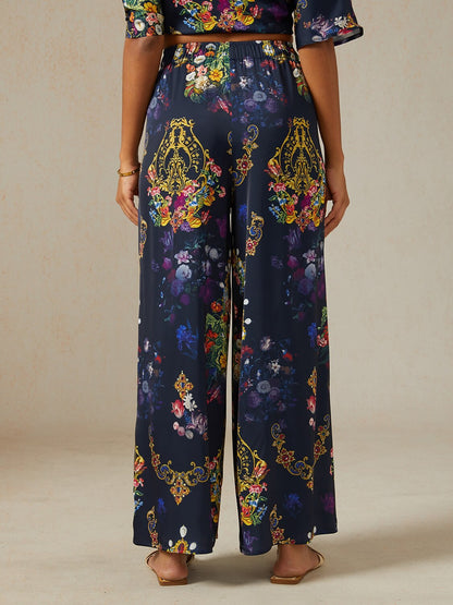 Midnight Jewel Bloom Silky Satin Wide Leg Pants