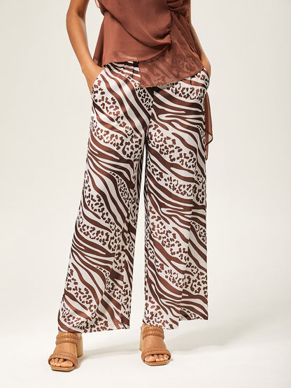 Elastic Waist Animal Print Wide-Leg Pants
