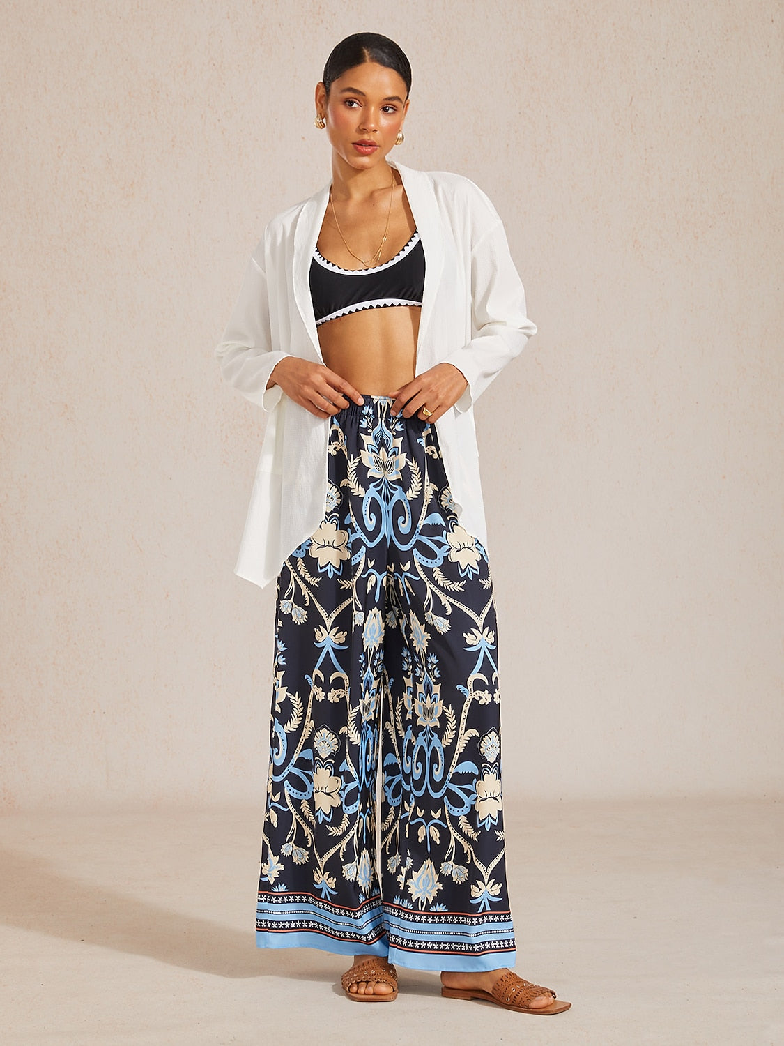 Boho Paisley Silky Satin Wide Leg Pants