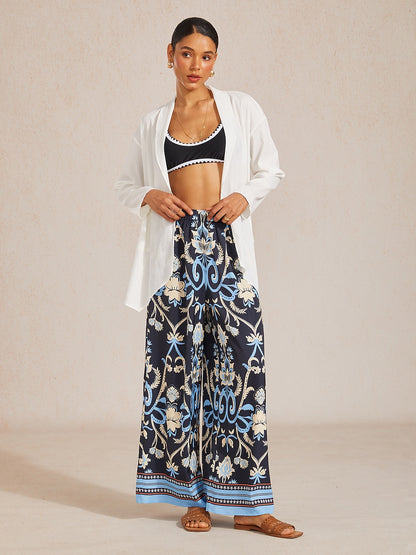 Emerald Rose Garden Silky Satin Straight Pants