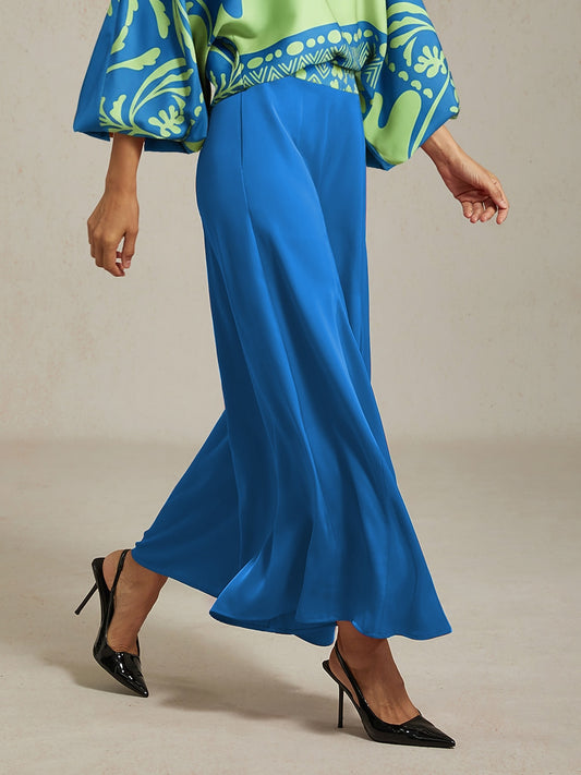 Elastic Waist Blue Satin Wide Leg Pants