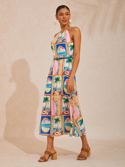 Summer Escape Geometric Waist-cinching Satin Maxi Dress