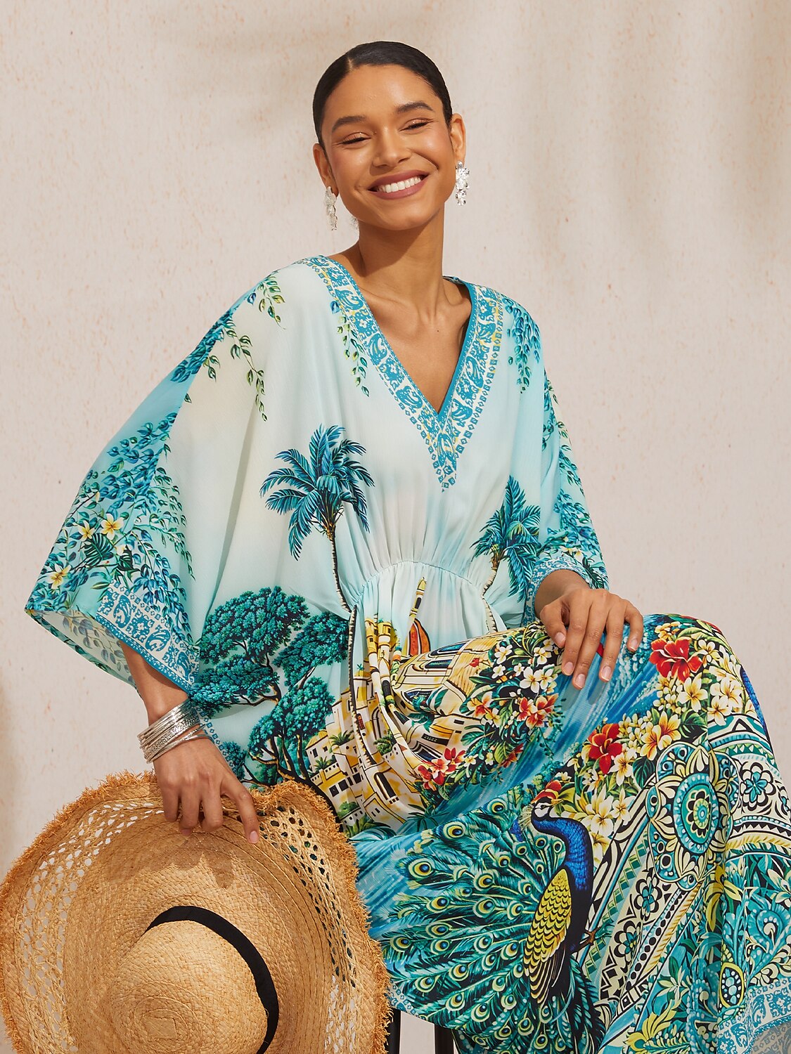 Balearic Islands Blue Flowy Chiffon Dolman Sleeve Kaftan